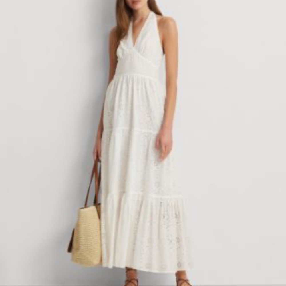 Ralph Lauren Cotton Eyelet Halter Maxi Dress White 100% cotton Size 8 - Picture 3 of 8